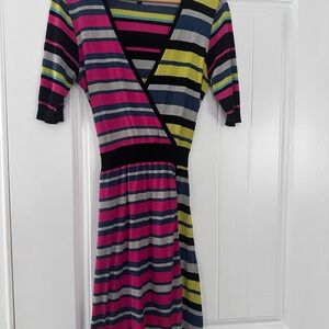 BCBG Striped Short Sleeve V-Neck Dress
